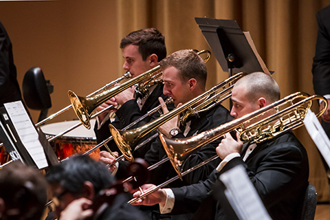 Musicians in the trombone choir perform at the University of Miami