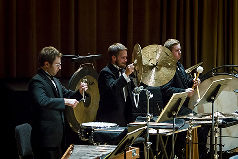 Percussion musicians play alongside the FROST Symphony Orchestra